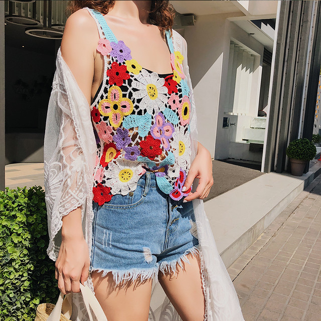 カラフル花柄 編みレースのノースリーブ タンクトップ Na Na Iro