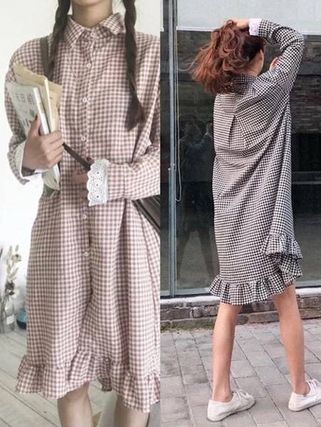 ワンピース レディース シャツワンピース ミニワンピース ガーリー ギンガムチェック フィッシュテール 韓国服 Happy Toon