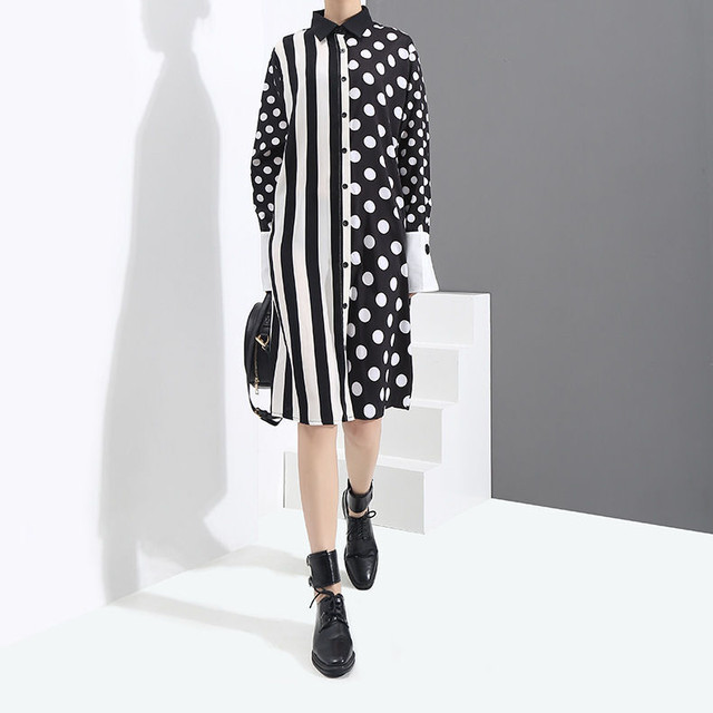 春夏 モード系 ストライプ ドット ドッキング プリント ミディ丈 シャツ ドレス ワンピース モノトーン Lon196 Top Mode