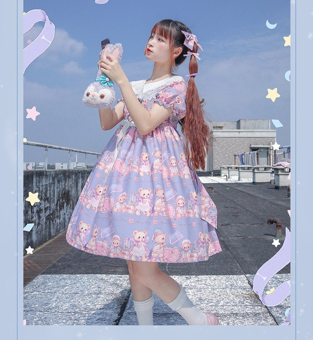 Lolita Op Dress ロリータドレス レース 半袖 ワンピース オリジナル 甘ロリ ロリィタ お茶会 撮影 Cosplay イベント 春 夏 秋 冬 ロリ S M L パープル 紫 ピンク パンダ柄 Mintcat