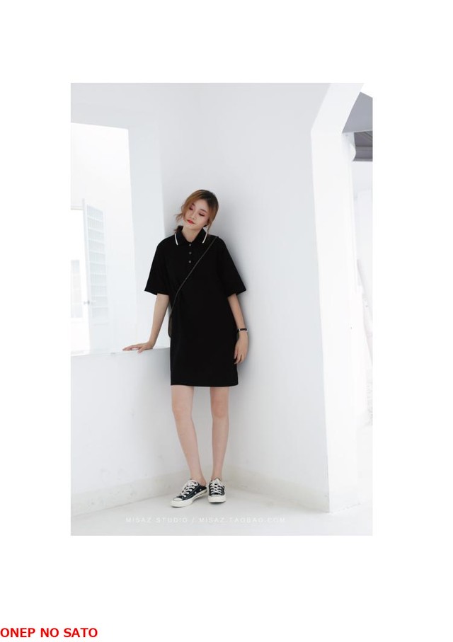 ワンピース ポロシャツ 黒 半袖 ドレス スカート ミニ丈 カジュアル 学生 韓国 ゆったり 夏 可愛い Sc062 ワンピの里