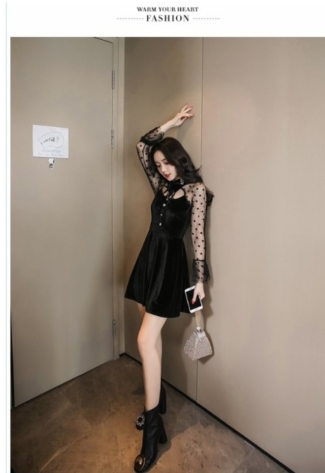 パーティードレス 結婚式 二次会 ワンピース 大きいサイズ ベロア ワンピース ドレス フリルスリーブ シースルー ドット柄 長袖 フレア Basecamp49