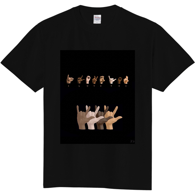 I Love You アメリカ手話 黒 半袖 Tシャツ Makoto57ttt