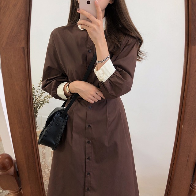 レディース ワンピース 膝下丈 ワンピース ドレス 長袖 ドールカラー 襟付き 膝下丈 ハイウエスト ａライン バックリボン シャツワンピース バイカラー 秋 エレガント きれいめ おしゃれ 大人可愛い ガーリー お出かけ お呼ばれ ブルー ブラウン Hf Haru Meets Foo