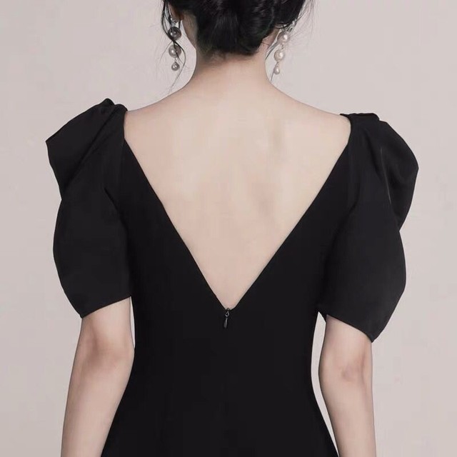 パフスリーブ ワンピース ドレス ミニ丈 半袖 Aライン ロマンティック お呼ばれ パーティー レトロ ハイウエスト 無地 バックvネック Aya1942 Girl Top