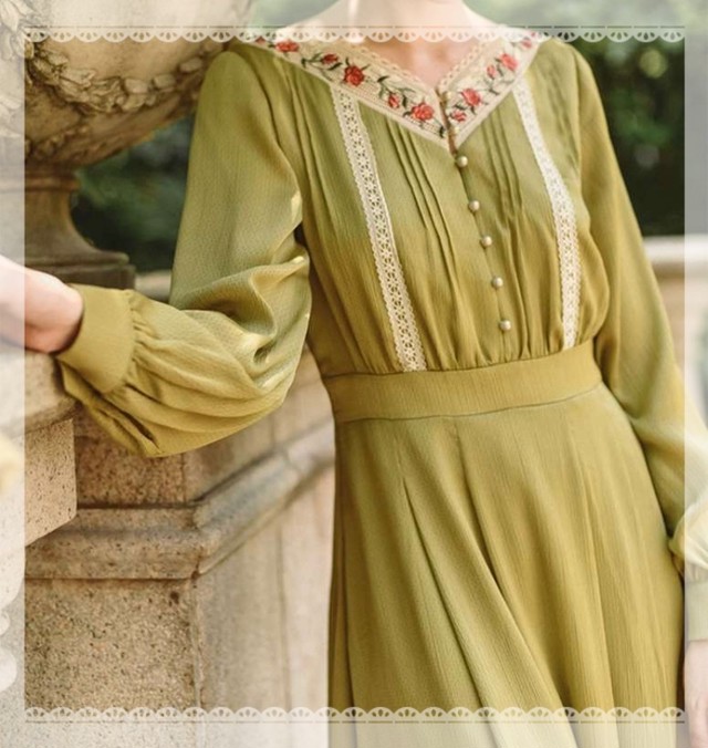 Lapiness 薔薇刺繍襟 フリルデザイン ワンピース D365 Lapiness レディース レトロ フェミニン ファッション