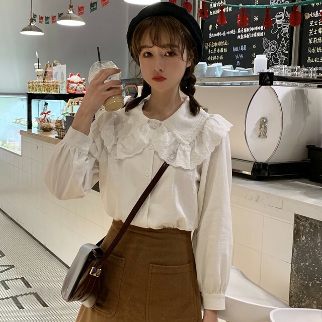 ブラウス シャツ トップス Vネック ピューリタンカラー 長袖 大きい襟 無地 フリル レース ガーリー 春秋 お出かけ デート オフィス Dea