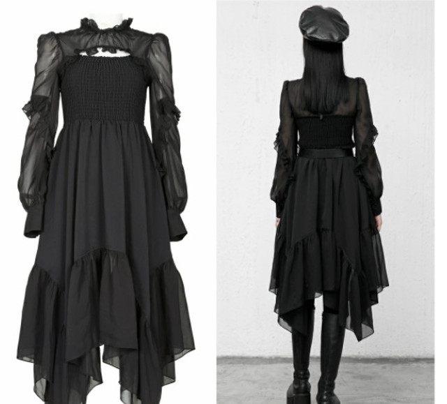 Top Mode ワンピース ゴスロリ シャーリングシフォン ロングワンピース ゴシック パンク ロック ロリータ ビジュアル系 ヴィジュアル系 V系 ダーク レディース ファッション ライブ 舞台 ステージ 衣装 コスプレ ブラック 黒 カジュアル Cool 大人クール 女性 レディース