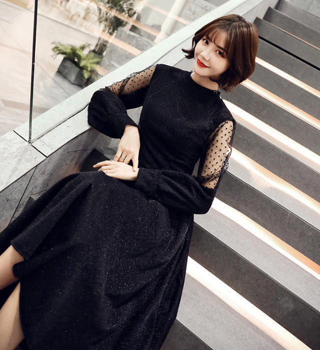 パーティードレス ワンピース ひざ丈 シースルー ドット柄 ハイウエスト 長袖 フレア Aライン お呼ばれ 結婚式 二次会 韓国 オルチャン ファッション Dresscoco