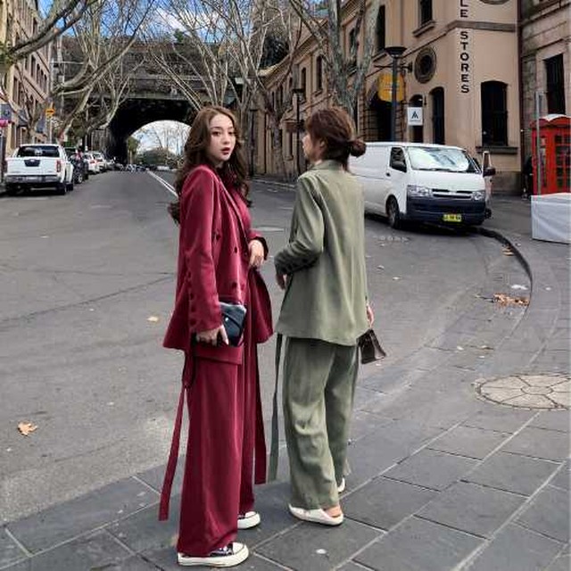 全3色 ツーピース パンツスーツ ジャケット ワイドパンツ ラフ ルーズ コート 長袖 ダブルボタン ｖネック ウエスタンスタイル カジュアル シンプル おしゃれ 秋 冬 レディース セットアップやパンツドレスなど二次会ドレスに合う海外ファッションサイト Urubei