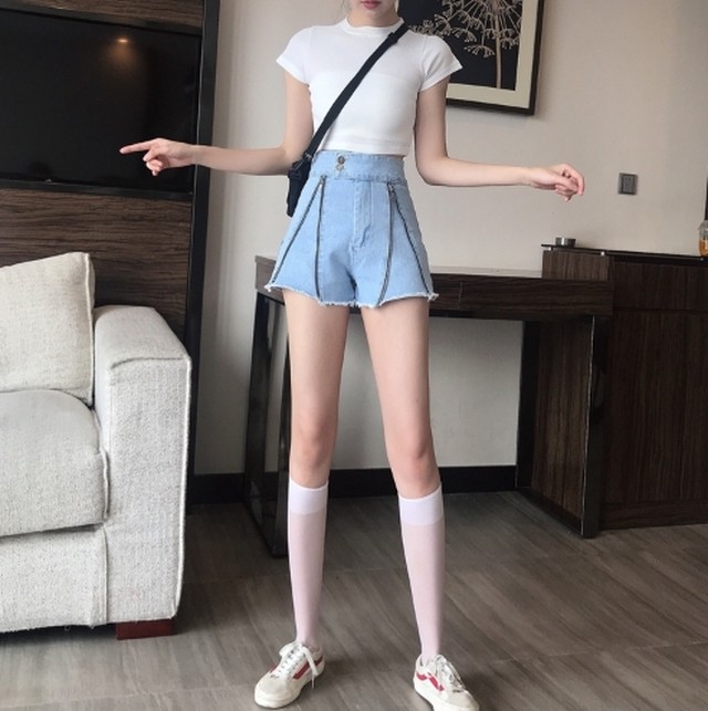 ハイウエスト デニム ショートパンツ ホットパンツ キュロット Zipデザイン 切りっぱなし ぐるぐる