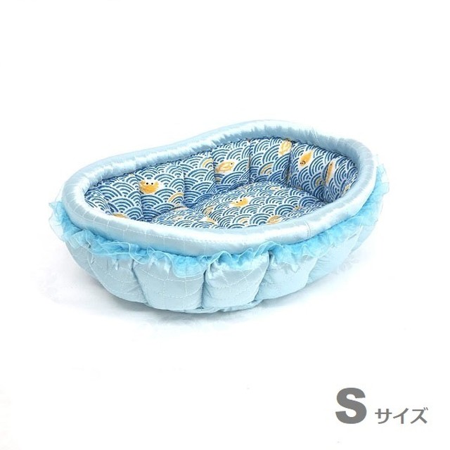 ふーじこちゃんママ手作り ぽんぽんベッド フリル付き サテンライトブルー 浴衣地 海の仲間柄 Sサイズ Cbpb02 0073s Tail Of Cat 猫のシッポ