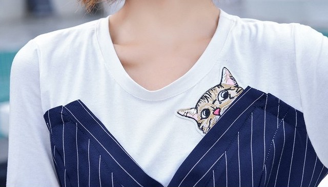 大きいサイズ レディース ビスチェ重ね着風ネコ柄ワンピース 長袖 秋冬 ねこ レイヤード S017 大きいサイズ 送料無料 レディース通販店 ｋｅｃｃｈi 静岡 Base売り場