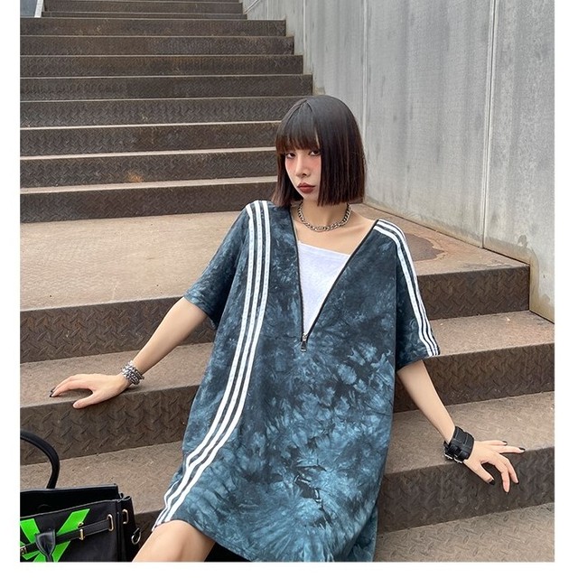 タイダイ柄 ワンピース チュニック Tシャツ 3本 ライン 絞り染め 半袖 ルーズ 大きいサイズ ゆったり オーバーサイズ Tyk Mapoche マポッシュ Base店