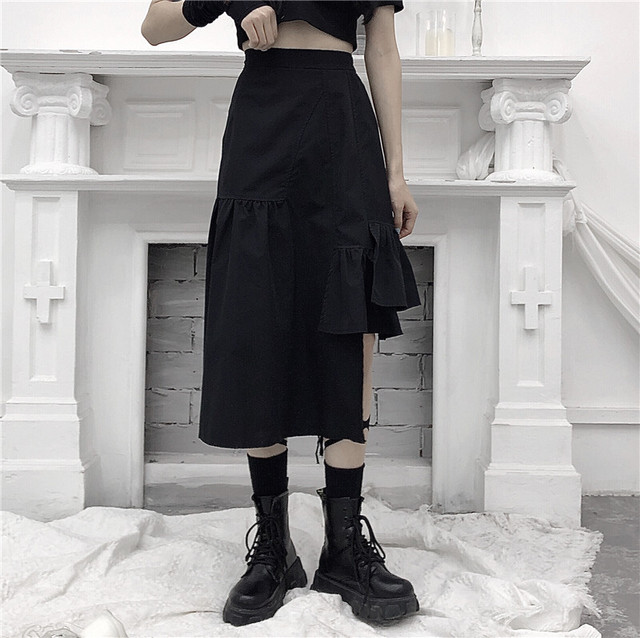 ゴスロリ スカート ミモレ丈 アシンメトリー フレアスカート ハイウエスト スタイリッシュ 病み可愛い 韓国 オルチャン 原宿系 10代 代 Dressyなモード系 ゴシック専門店 Ladies Fashion Seasonz