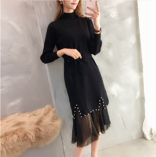 Dress デートワンピースニット生地ビーズ付きレースベルト付き Nanastyle