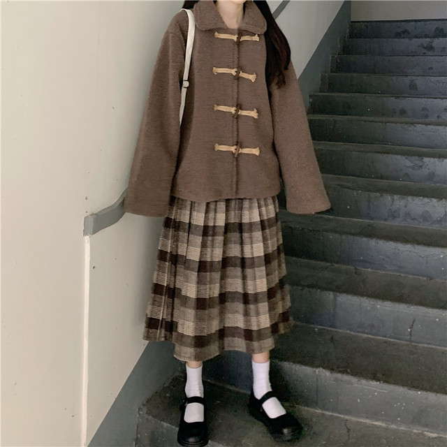 セットアップ ダッフルコートとチェック柄スカート ロング Aライン レトロ ブラウン系 大人可愛い 秋冬 カジュアル Paprika