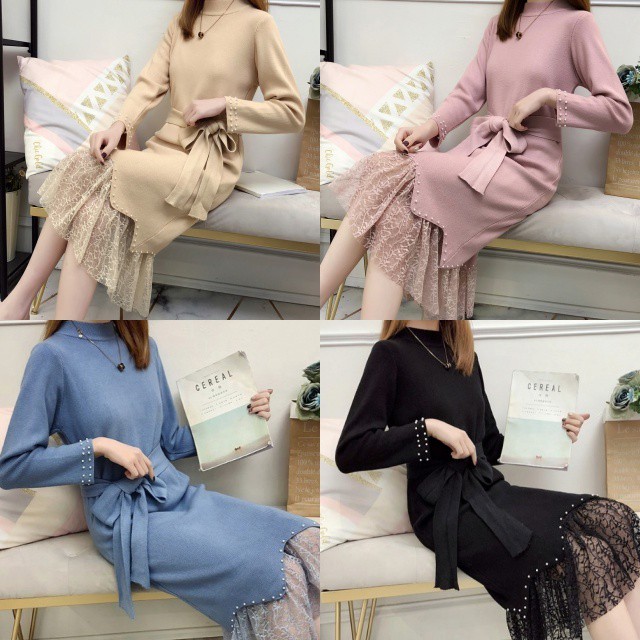 ワンピース レディース ニットワンピース パール飾り ウエストリボン エレガント 重ね着 レー スカート 大きサイズ Happy Toon