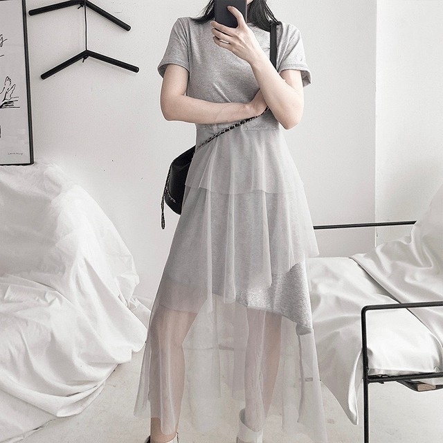 ワンピース ロングワンピース シフォン ロング丈 ラウンドネック 半袖 無地 シースルー 大人可愛い フェミニン ガーリー シンプル きれいめ エレガント 春夏 お呼ばれ お出かけ デート 女子会 ドレス Officewalaa オフィスワラア レディースファッション スタイル