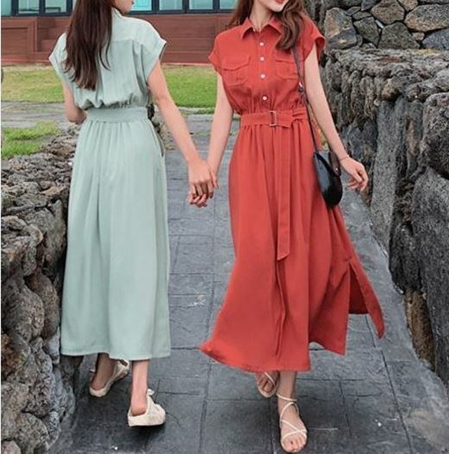 フレンチスリーブ シャツワンピース ａライン ロングスカート 半袖 夏服 レディース ワンピース J001 Aeka Clothet