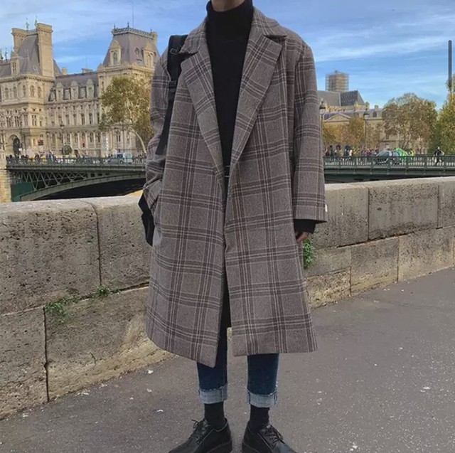 メンズ ロングジャケット チェック柄 テーラード ブラウン Warave