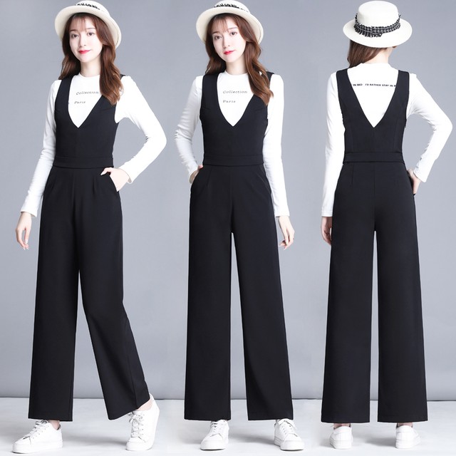 レディース 人気 オススメ 黒 秋 秋物 ワンピース オールインワン パンツ ワイドレッグパンツ ストレートパンツ ゆったり ハイウェスト カジュアル シンプル トレンド オシャレ 可愛い お出かけ ガーリー 外デート Kirihara