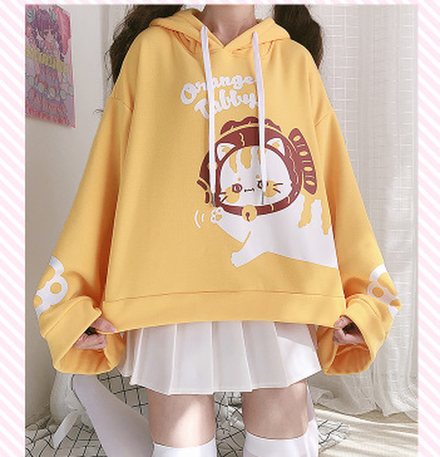 トップス パーカー オレンジ ネコ耳 フード Sweet 可愛い ルーズ オーバーサイズ メンズライク 病みかわいい ゆめかわいい ゆるかわ キュート 大人かわいい きれいめ エレガント フェミニン カジュアル 秋 冬 デイリー お出かけ Z134 Top Mode
