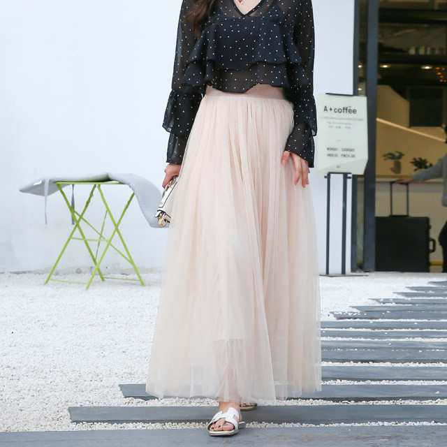 即納 チュールスカート ロング丈 ボリューム マキシスカート プリーツ ウエストゴム レディース ボトムス S L 黒 白 ブラック グレー ベージュ ホワイト Ns 0001 Daily Closet