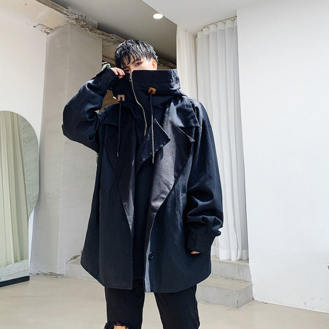 ビッグフード バルーン モッズコート メンズ ユニセックス モード系 黒 ブラック ロングコート ロング丈 ビッグシルエット オーバーサイズ ビッグパーカー バルーン ワイド フレア 変形 レイヤード ゴシック 韓国 原宿系 個性的 モノトーン ガウン お支払い後日以内に