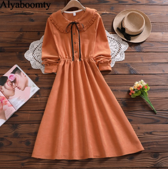 森ガール ワンピース オレンジ 無地 襟リボン付き 長袖 秋冬 ミディ丈 ピーターパンカラー 橙色 Cinderella Story