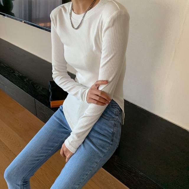 リブニット 長袖 カットソー Tシャツ 丸首 スリット ロンt トップス レディース セーター 30代 40代 50代 通勤 オフィス 着痩せ ニット Mitchie Mary