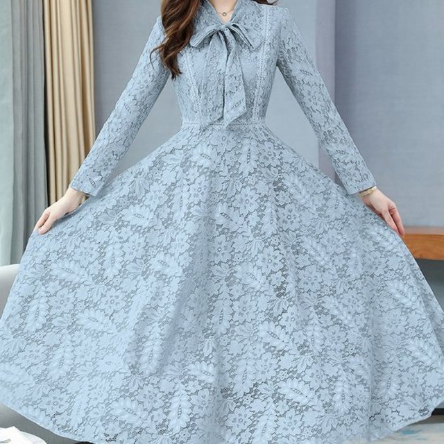 お呼ばれ ドレス 結婚式 総レース パーティドレス 袖あり ロング ボウタイワンピース レディース 春 上品 オフィス きれいめ 長袖 リボン 通勤 大人 リーフ柄 ミモレ丈 Af4769 Raxia ラクシア