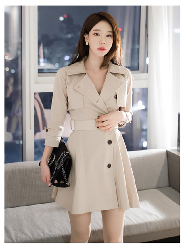 アウター ワンピース トレンチコート 春トレンチ ミニ丈 七分袖 ベルト Aラインフロントボタンフレア ハイウエスト フェミニン 大人可愛い エレガント 美シルエット 春夏 デート 食事会 ベージュ Southisland
