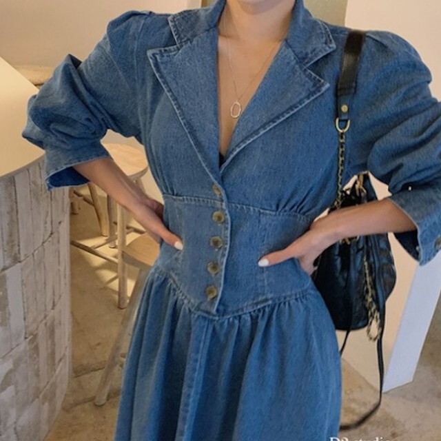 S M L レディース デニムワンピース Aライン Vネック マキシ丈 パフスリーブ 大人カジュアル Favoriteselect