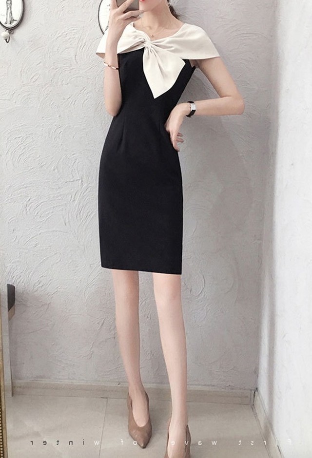 日本産 パーティドレス タイトワンピース 大きなリボン バイカラー タイト セール価格 公式