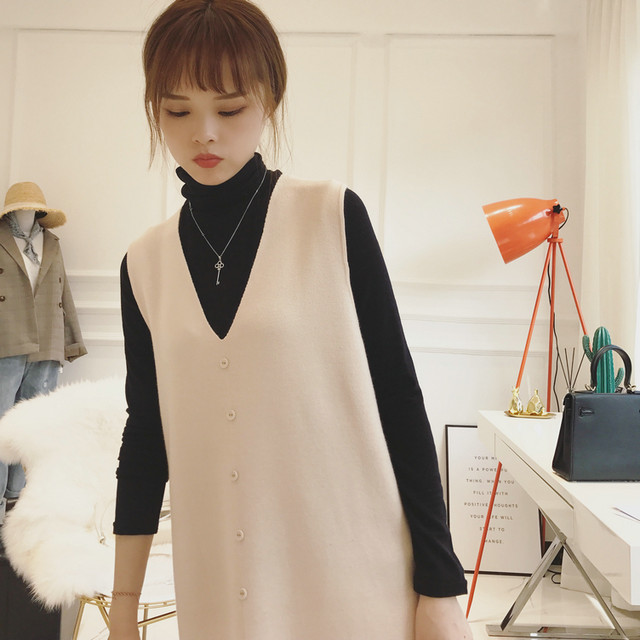 年秋 ボタンデザインがかわいいニットベスト ベストワンピ 2color ベージュorブラック 韓国ファッション Dresense