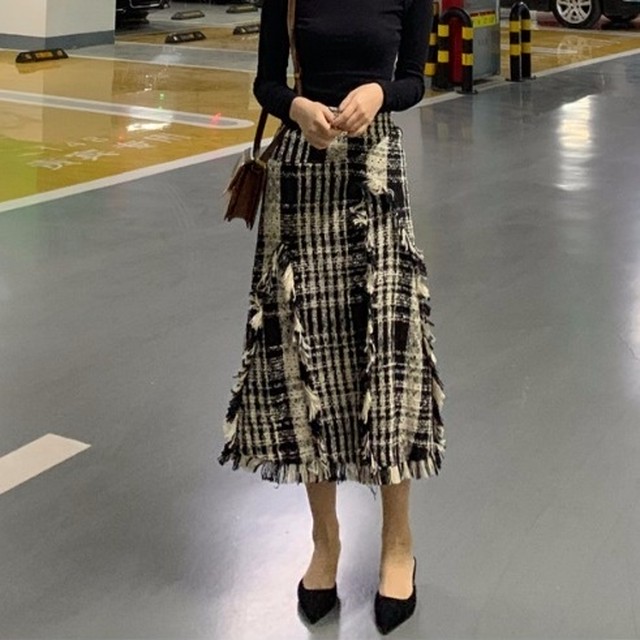 スカート チェック アシンメトリー フリンジ ツイード フレア ミモレ丈スカート ミモレ丈 膝下 チェック柄 モノトーン きれいめ デート 春 秋 冬 レディース Sunrise0911