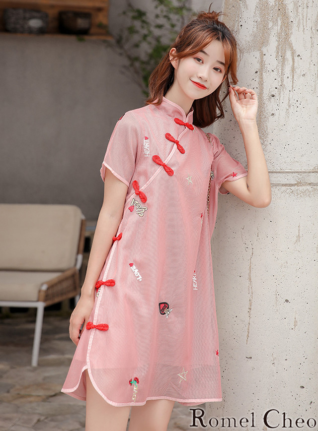 お支払い確認後日以内発送 Romelcheo チャイナボタンメッシュワンピース チャイナドレス チャイナボタン ワンピース カジュアル Aライン スリット 透け感 半袖 ミニ丈 アジアン エスニック 民族風 原宿系 青文字系 ゆめかわ ロリータ レディース モード系 ファッション