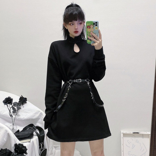 チャイナ風ワンピース 中華服 原宿風 チュニック 長袖 スタンドネック オリジナル チャイナボタン 改良漢服 改良型チャイナドレス ルーズ Beautycam