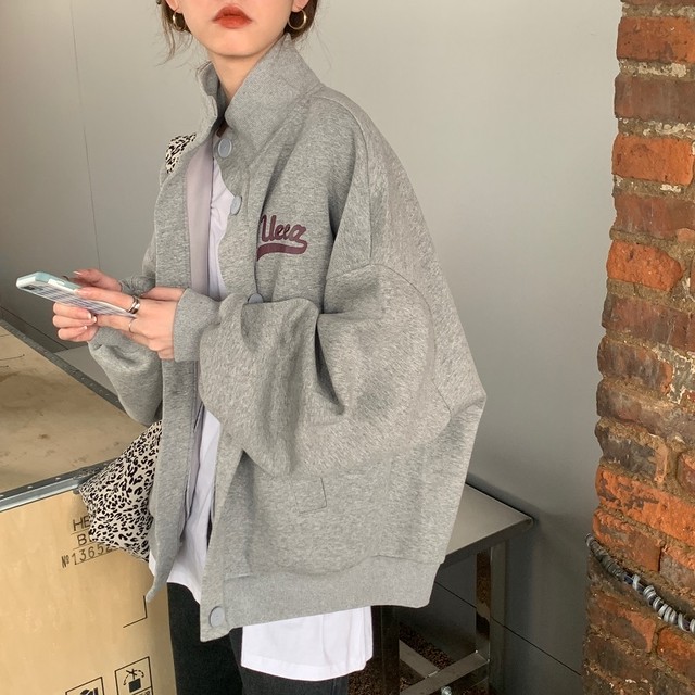 大きいサイズ レディース トップス 春 秋 冬 トレーナー スウェット ジャージ フロントボタン バックプリント ゆったり 長袖 トレーナー オーバー サイズ スウェット シンプル ストリート カジュアル お出かけ デート 通勤 通学 学生 キャンパス 旅行 普段着 グレー ブルー