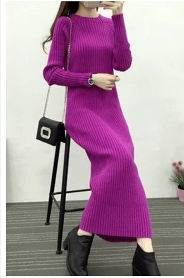 ボートネック ワンピース 深スリット ひざ丈 タイトワンピース レディース ボートネック 無地 袖あり 紫 黒 ストレッチ Basecamp49