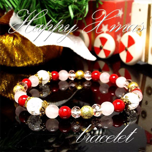 【Happy Xmas♪】天然石 ローズクォーツ&クラック水晶 クリスマスデザインブレスレット(6mm)★