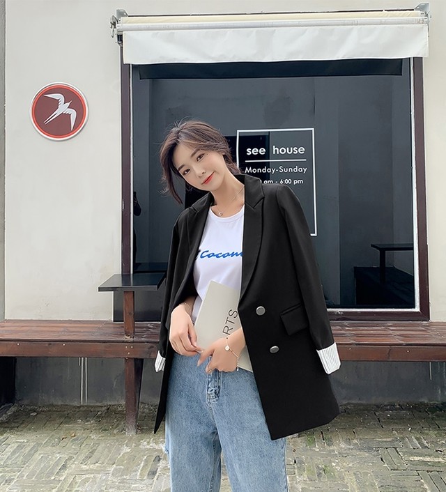 大きいサイズ レディース アウター 春秋 アウター レディース テーラード ジャケット スプリングコート スーツカラー ボーダー袖 カジュアル きれいめ おしゃれ お出かけ デート 通勤 通学 旅行 普段着 ブラック グリーン アプリコット Hf Haru Foo