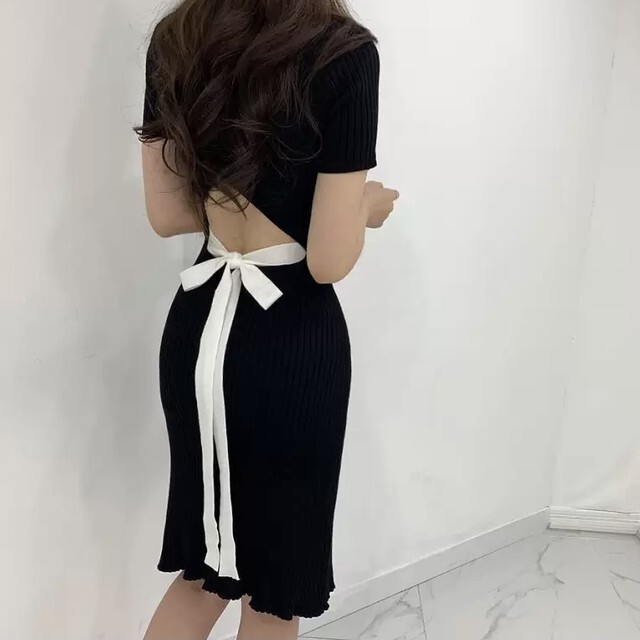 ワンピース タイト ミニ丈 バックカット バックシャン リボン ニット 上品 エレガント Sunrise0911