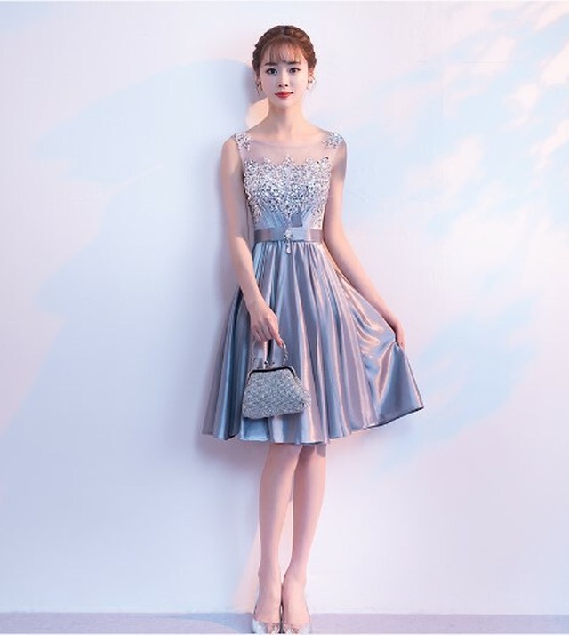 カラードレス ピンク紫 ポリエステ ル光沢サテン レース タンクトップ スパンコール スレンダーライン パーティドレス Ynswedding23