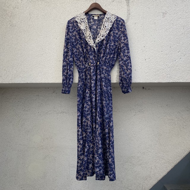 綺麗なシルエット Usa製 長袖 レーヨンワンピース 花柄 ネイビー 高円寺古着 Slut Albatross Vintage