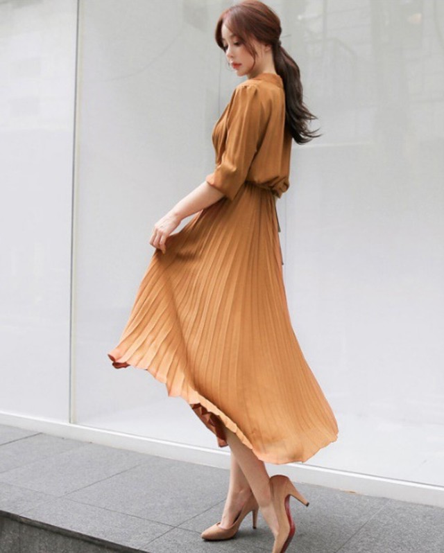 ワンピース シャツワンピース ロング丈 フレア 長袖 プリーツ 無地 エレガント ナチュラル 大人可愛い フェミニン 春夏秋 お呼ばれ 同窓会 食事会 お出かけ キャラメル ブラック グレー ネイビー Southisland