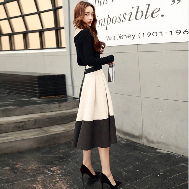 セットアップ 配色 着痩せ Ol風 大人女子 デート お出かけ 秋ワンピ カットソー ロングスカート フレア 微起毛 通勤 通学 With51 Withyou