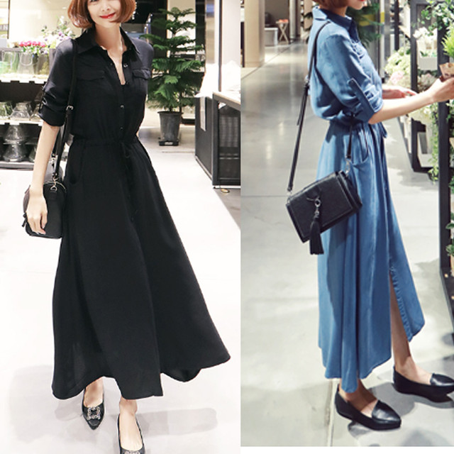 ロールアップがおしゃれ シャツワンピース マキシ丈 長袖 ブラック ブルー S Xl Aeka Clothet