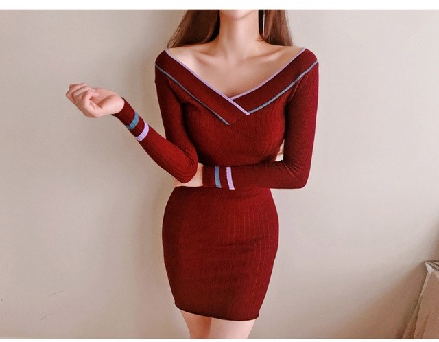 レディースv字襟ニットワンピースオフショルダー配色ラインタイトワンピースワインレッド Junki S Colletion